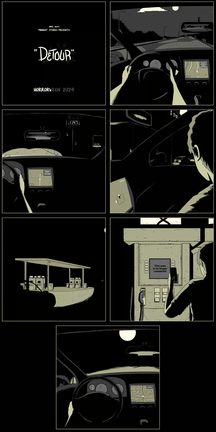 Darkly funny comic by Aidee Sea, featuring a driver navigating a spooky, deserted gas station at midnight.