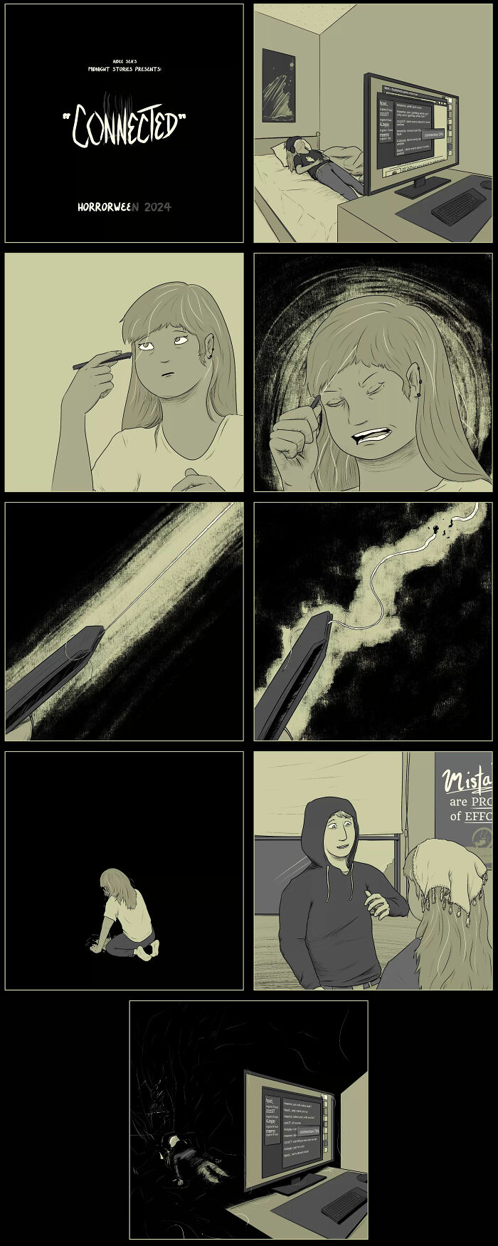 Darkly funny comic by Aidee Sea titled "Connected," featuring eerie and humorous graphics.