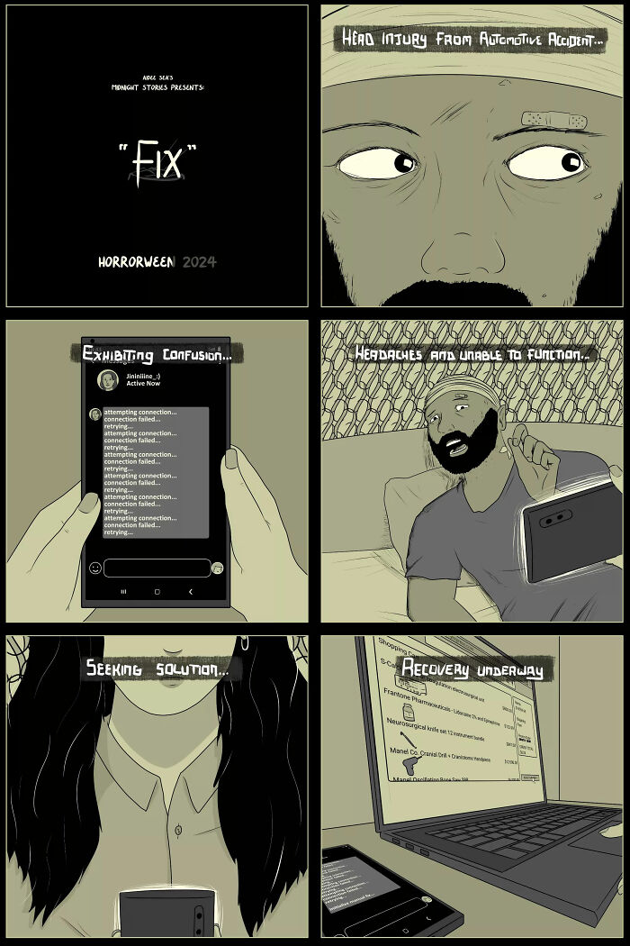 Darkly funny comic by Aidee Sea showing confusion, recovery, and humor in a tech mishap.