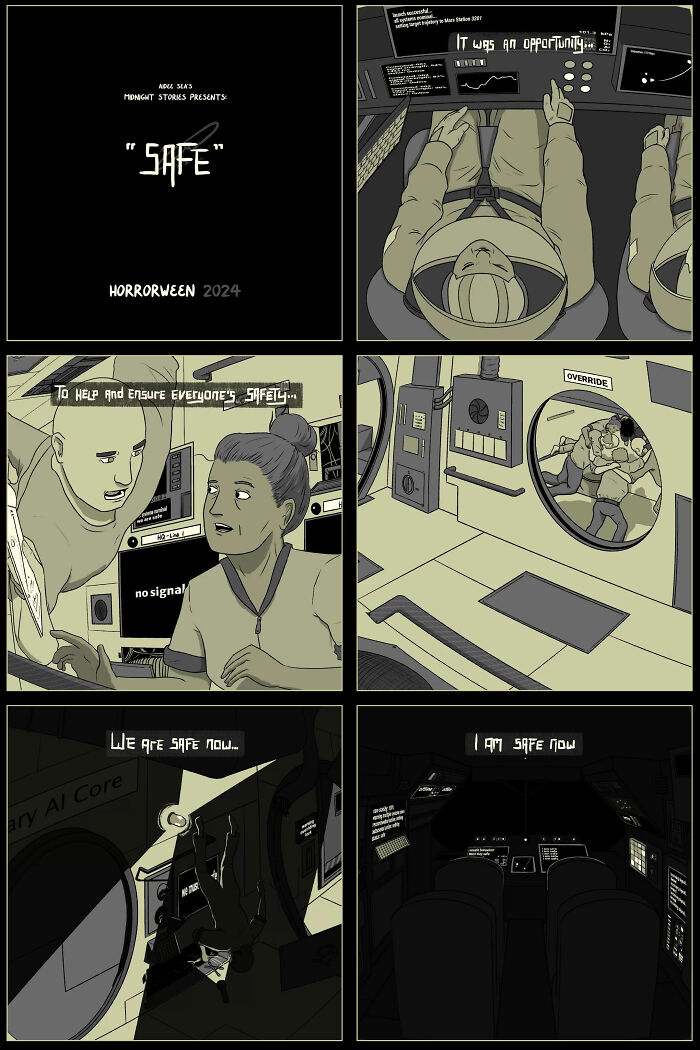 Darkly funny comic panels by Aidee Sea featuring a space scene with tense interactions and eerie dialogue.