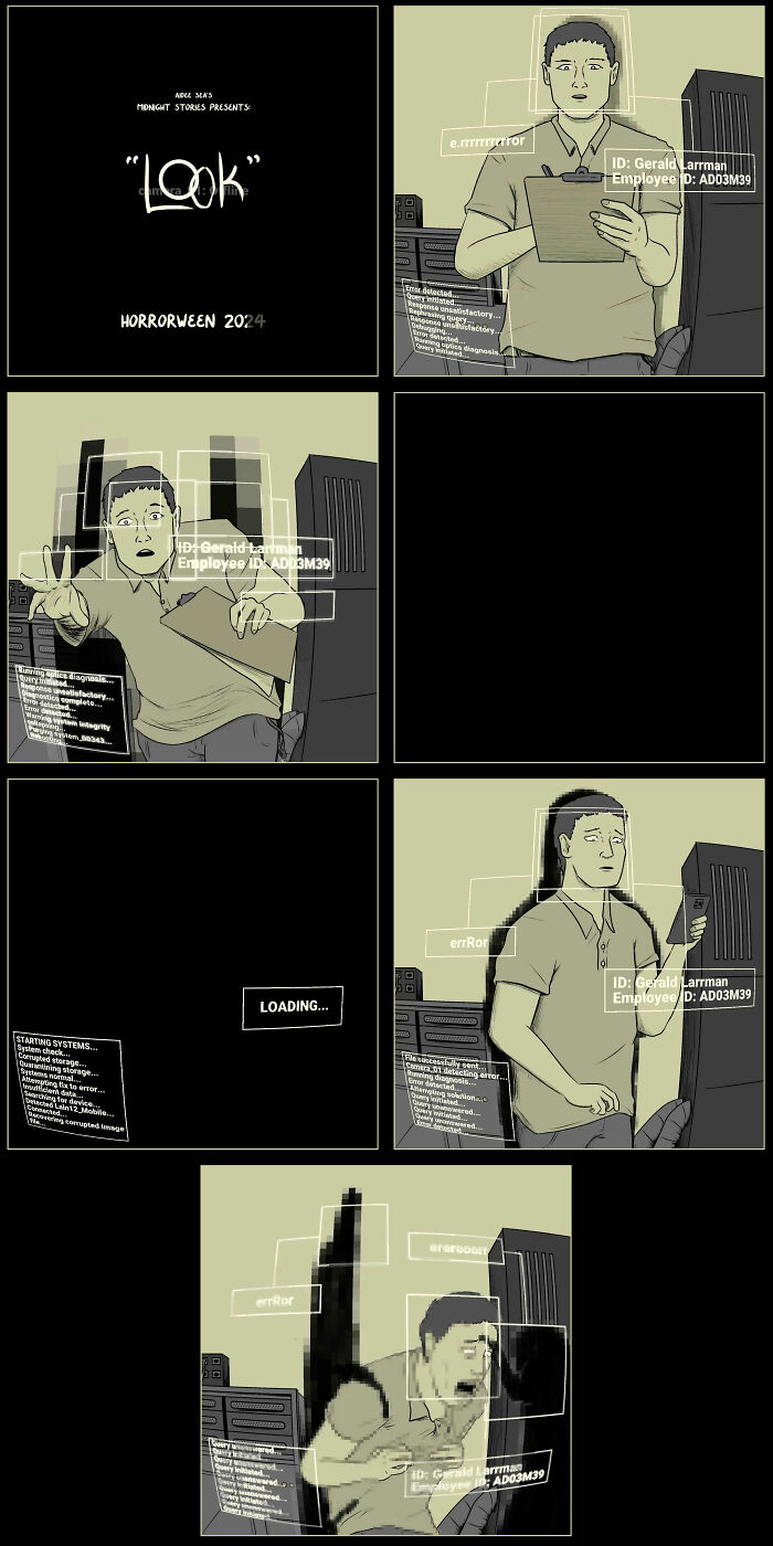 Darkly funny comic by Aidee Sea with character holding clipboard, showing errors and glitches.