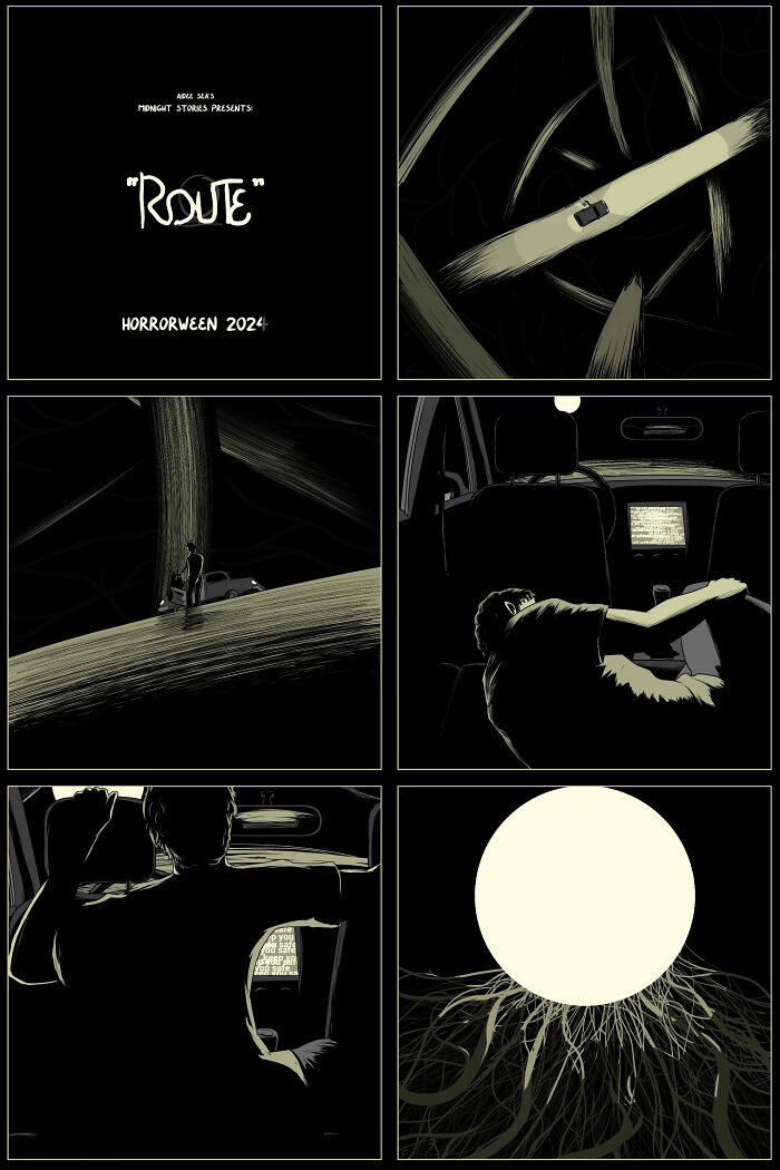 Dark comic panels from Aidee Sea featuring eerie car scenes and twisted humor elements.