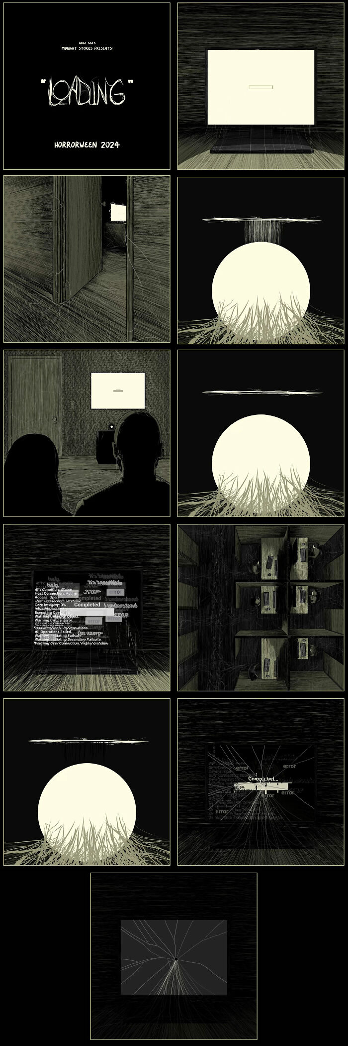 Darkly funny comic strip by Aidee Sea, featuring eerie nighttime scenes and chilling humor.