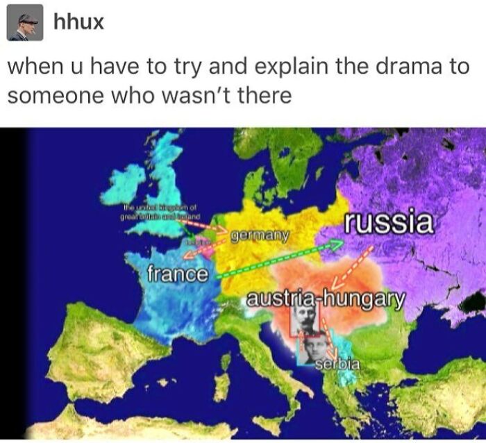 Map meme humorously explaining historical alliances in Europe.