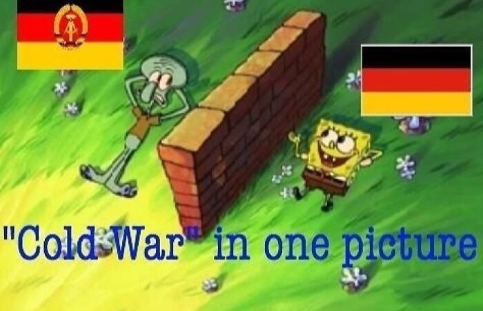 SpongeBob and Squidward divided by a wall, symbolizing the Cold War, with German flags above.