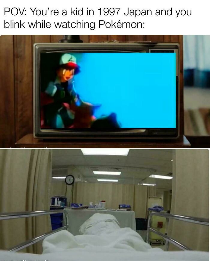 A TV shows Pokémon; below, a hospital room scene humorously explains history through memes.