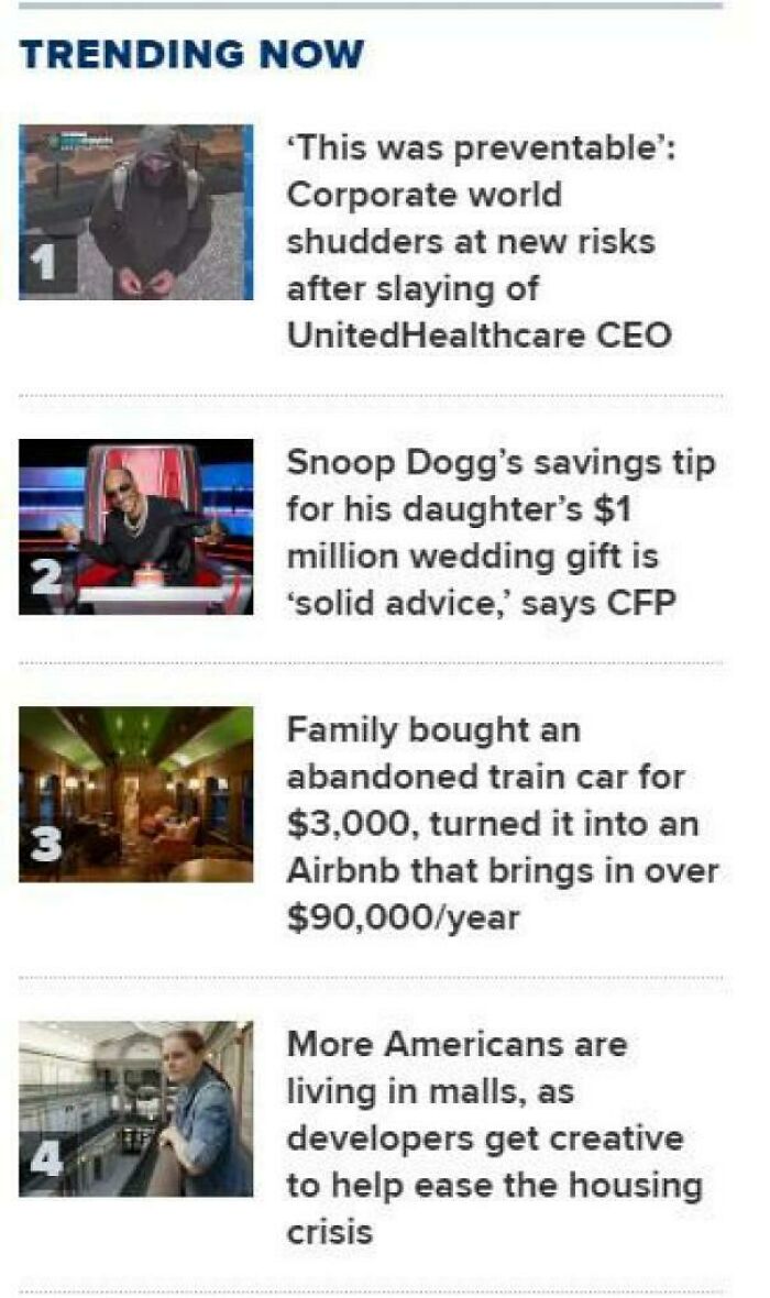 Trending news highlights suggest a boring dystopia with corporate risks and unconventional living solutions.