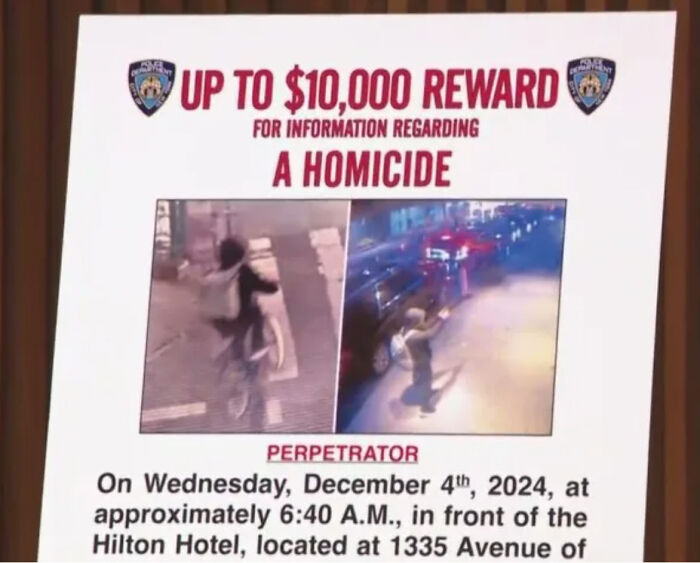 Wanted poster for homicide with reward, featuring two blurry images of the suspect in a city street, suggesting a dystopia.