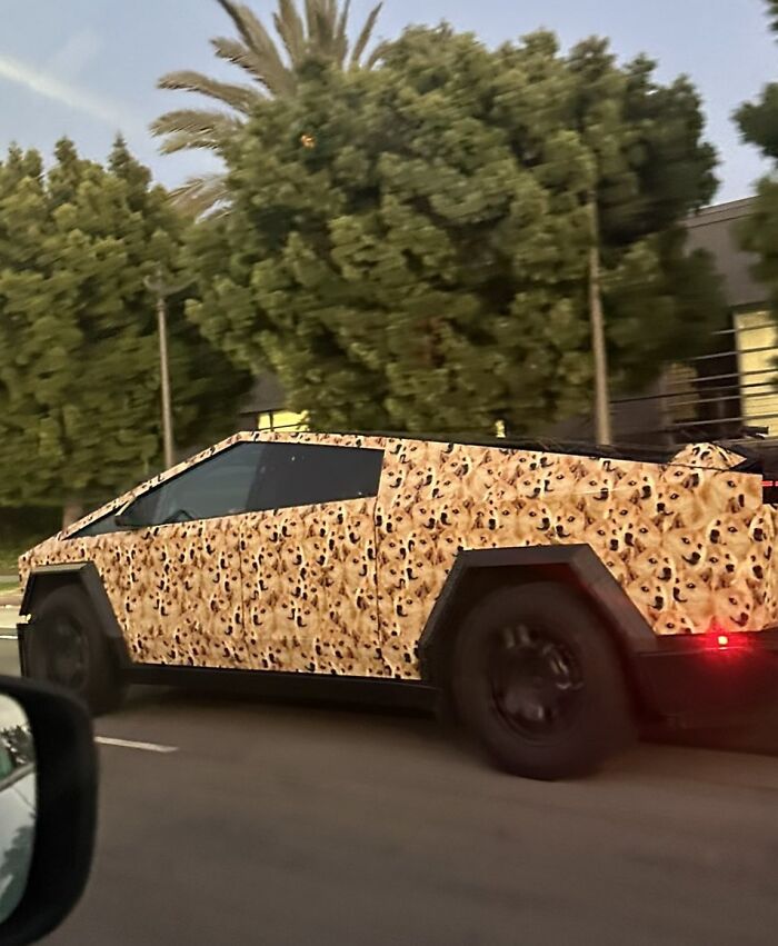 Futuristic vehicle with unique pattern spotted on the road, showcasing interesting things on the highway.