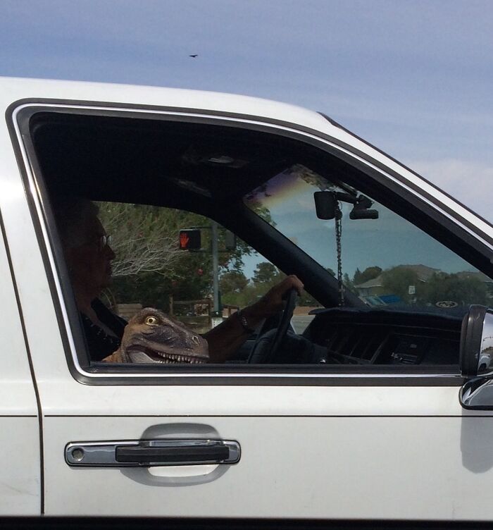 Dinosaur toy in the passenger seat of a white truck, an interesting thing on the road.