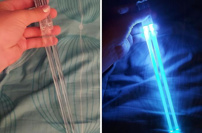 Light-up chopsticks for teens, glowing blue in the dark, ideal as a trendy gift choice.