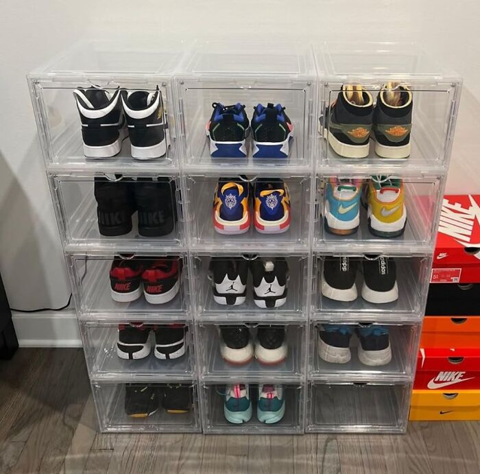 Sneaker collection displayed in clear boxes, ideal gifts for teens.