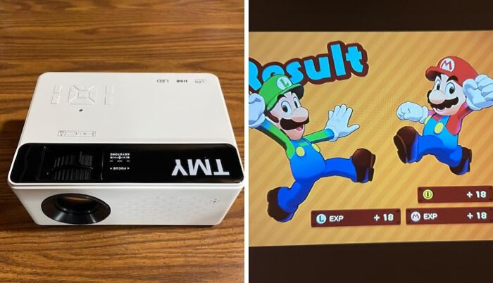 Projector gift for teens and video game result screen with characters jumping.