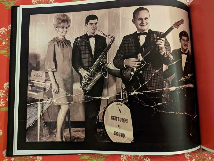 Vintage 60s fashion looks with a band, featuring a woman in a classic dress and musicians in suits with instruments.