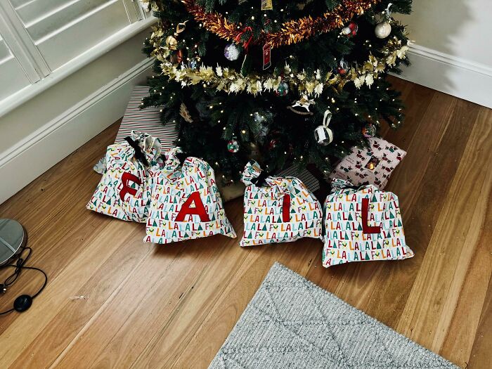 Clearly My Wife And Her Sister Should Have Coordinated More Closely On Kids Names. These Are Their Special, Personalised, Christmas Gift Sacks From The Grandparents