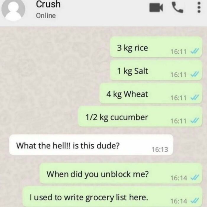 Funny WhatsApp conversation mix-up with grocery list; a classic fail.