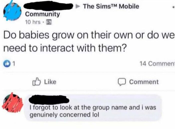 Relatable mental health meme about babies growing on their own, featuring humorous comment confusion on The Sims Mobile group.