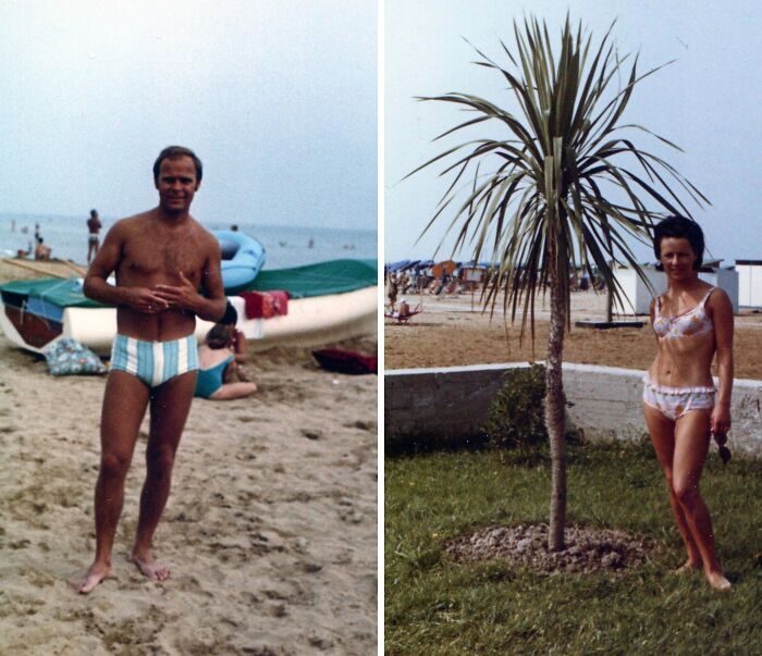 60s fashion looks on a beach: a man in striped swim trunks and a woman in a bikini near a palm tree.