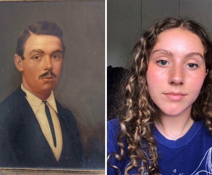 A vintage portrait of a man beside a modern image of a young woman, highlighting striking similarities. Fascinating pics contrast.