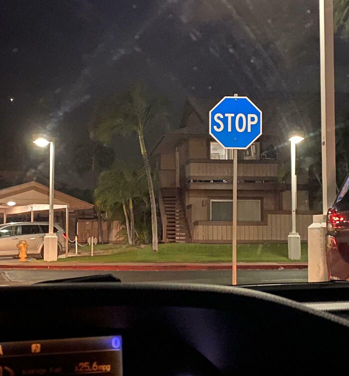 Unusual blue stop sign seen at night in front of a residential area, creating a fascinating visual contrast.