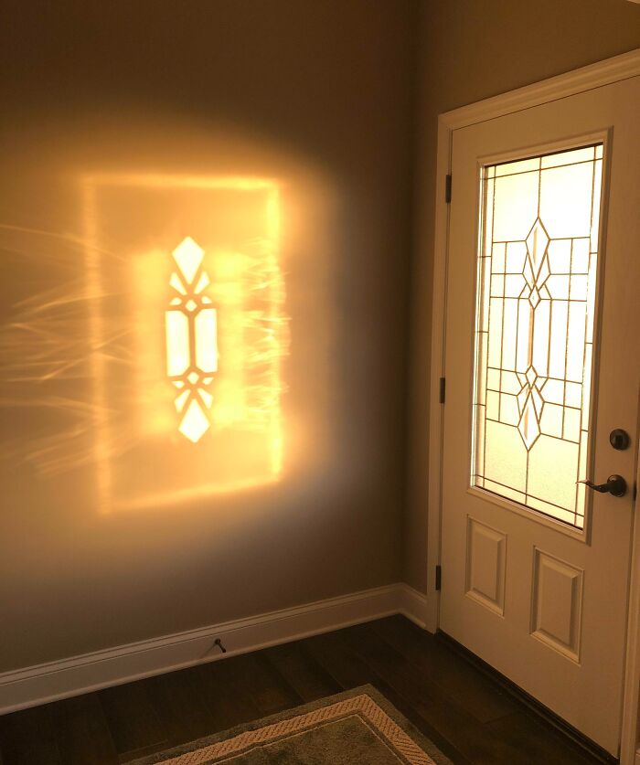 Sunlight casting a patterned glow on a wall through a glass-paneled door, creating a fascinating effect.