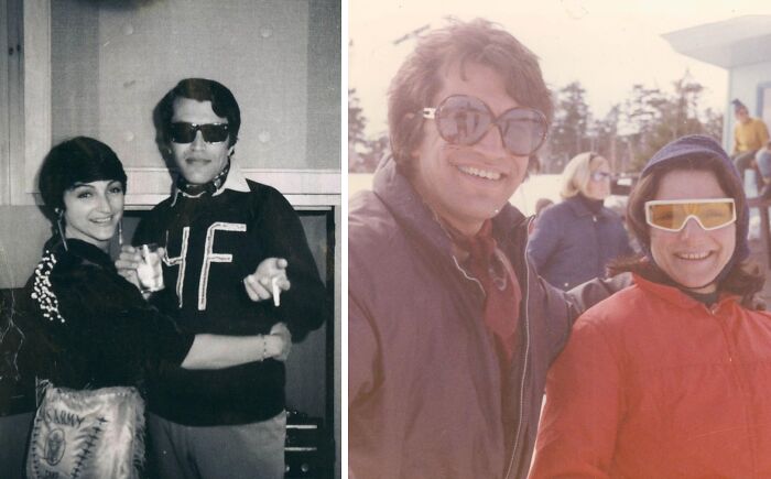 Two people in 60s fashion with statement sunglasses, one in a patterned dress and the other in a ski jacket.