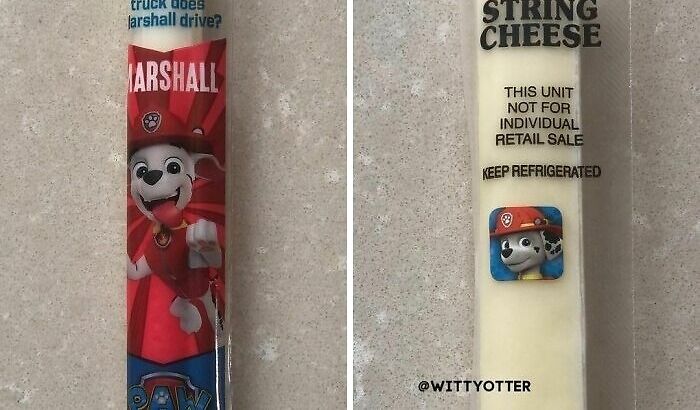 Paw Patrol cheese stick featuring Marshall, showcasing a parenting genius trick with character-themed packaging.