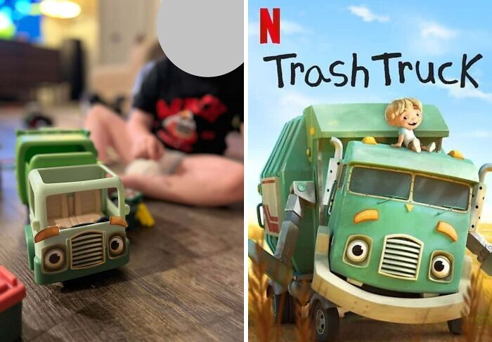 Child playing with toy truck next to "Trash Truck" Netflix show poster; Parenting-Genius-Tricks for fun learning.