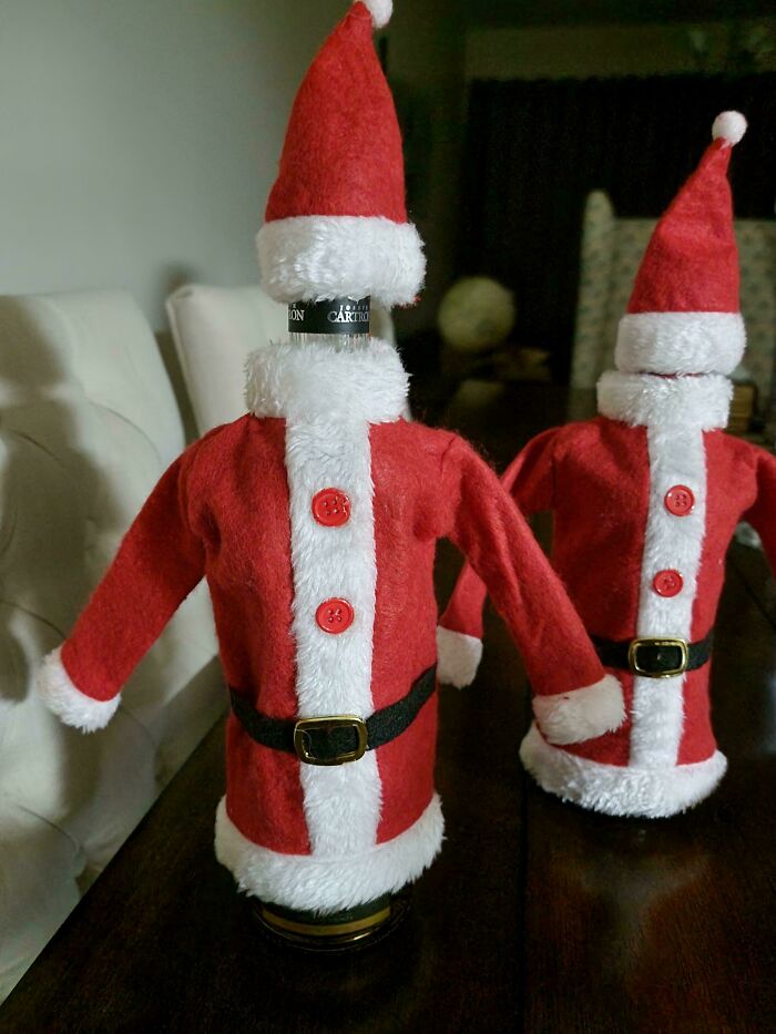 Every Christmas We Dress The Wine Bottles In Those Cute Little Santa Outfits