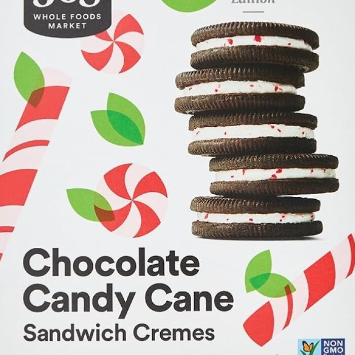 Chocolate Candy Cane sandwich cremes packaging with peppermint designs.