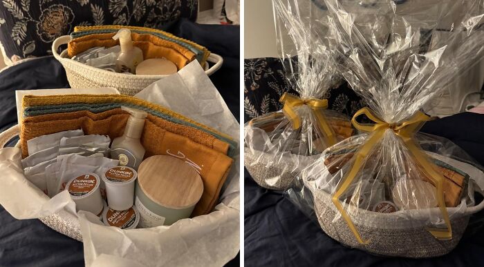 "Gift basket with cozy items and beauty products, wrapped in cellophane with yellow ribbons, resembling a viral 'Brr Basket'."