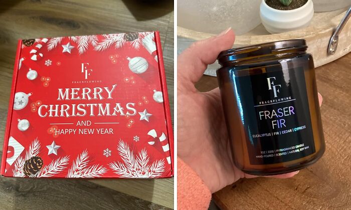 Red holiday gift box and hand holding a Fraser Fir scented candle, as seen in a viral video by a mom.