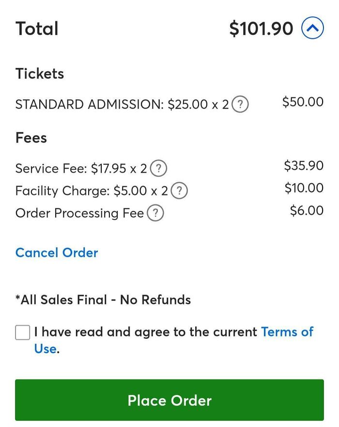 Ticket purchase page showing extra fees, illustrating deceptive marketing techniques.