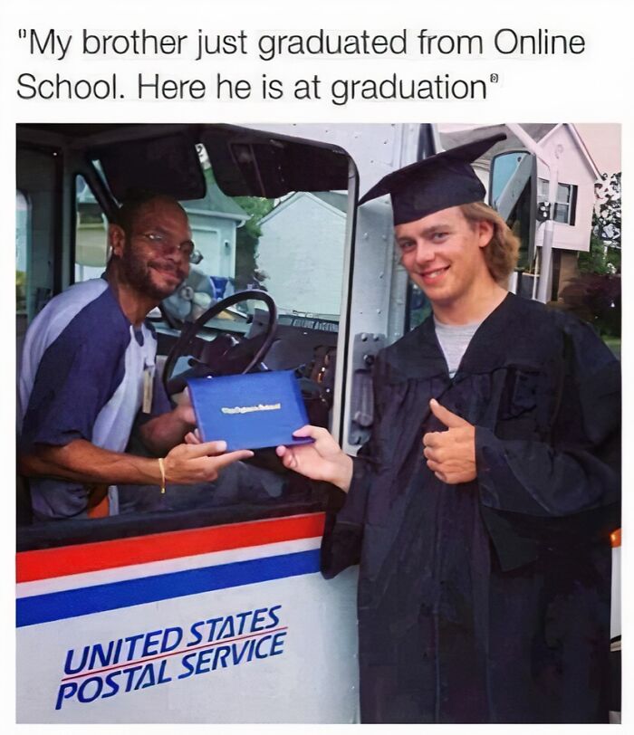 Graduate in cap and gown receives diploma from USPS driver, adding a dose of internet wholesomeness.