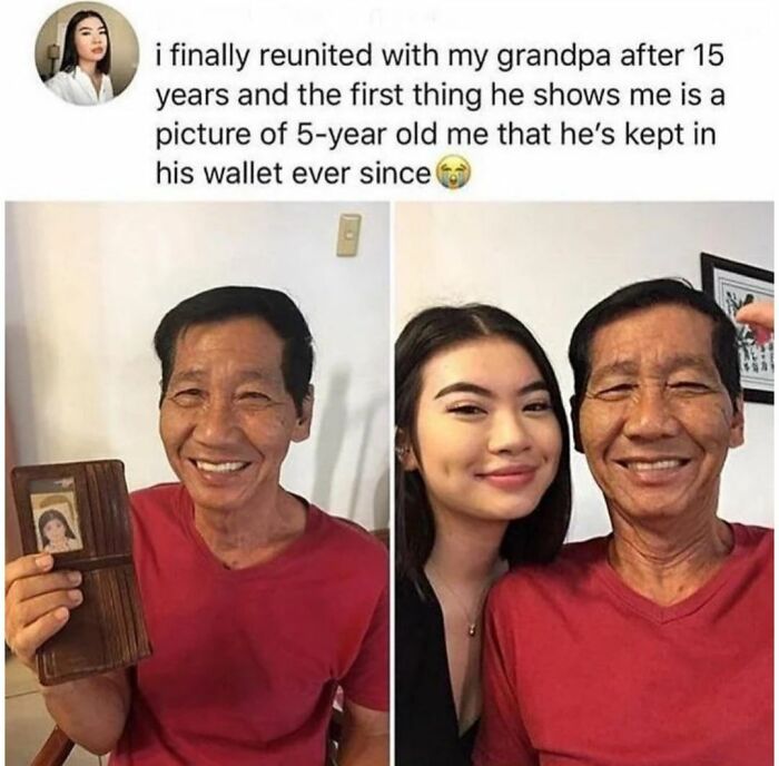 Grandfather smiles holding a childhood photo of his granddaughter in his wallet, alongside a joyful reunion picture.