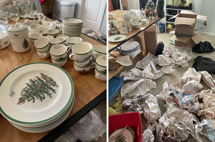 Christmas-themed dishware amidst cluttered papers, showcasing a holiday mishap and potential accidents.