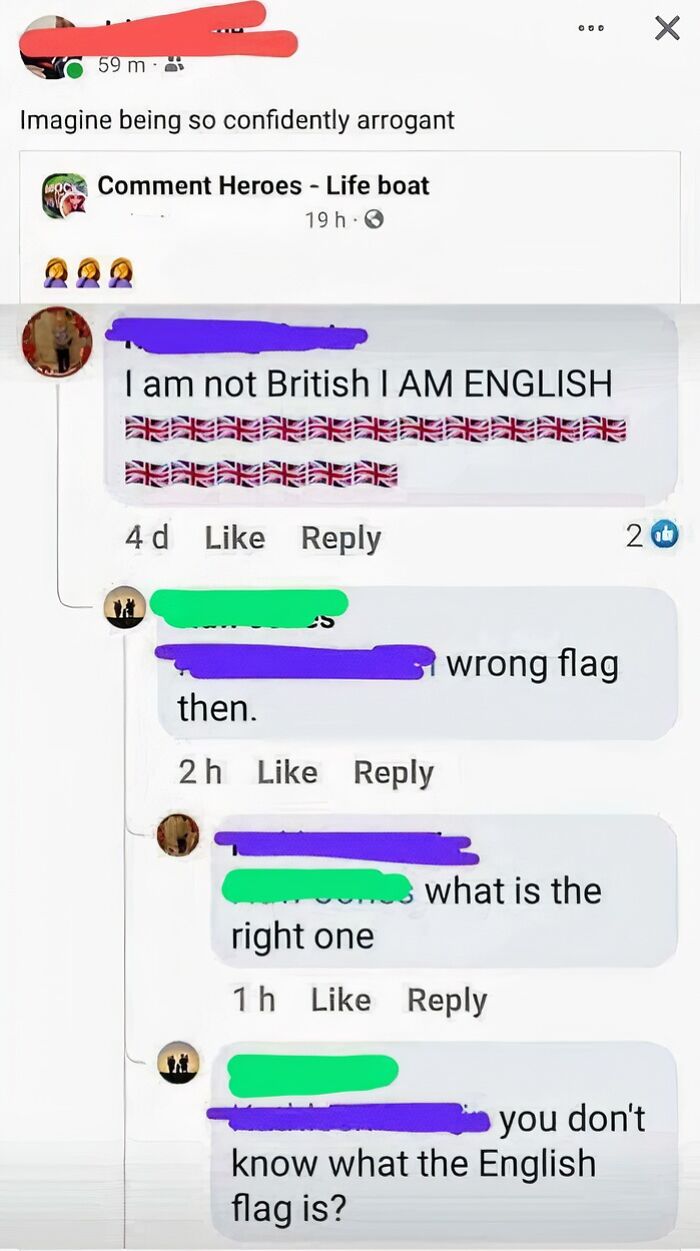 Screenshot of a discussion featuring overly-confident incorrect people confused about English identity.