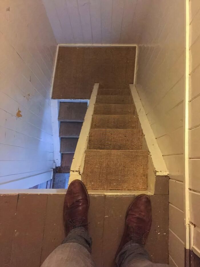 Staircase abruptly cut off at floor level, a funny cheap construction fail.