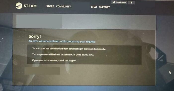 Steam account suspension notification displayed on a computer screen, illustrating a digital Christmas accident.