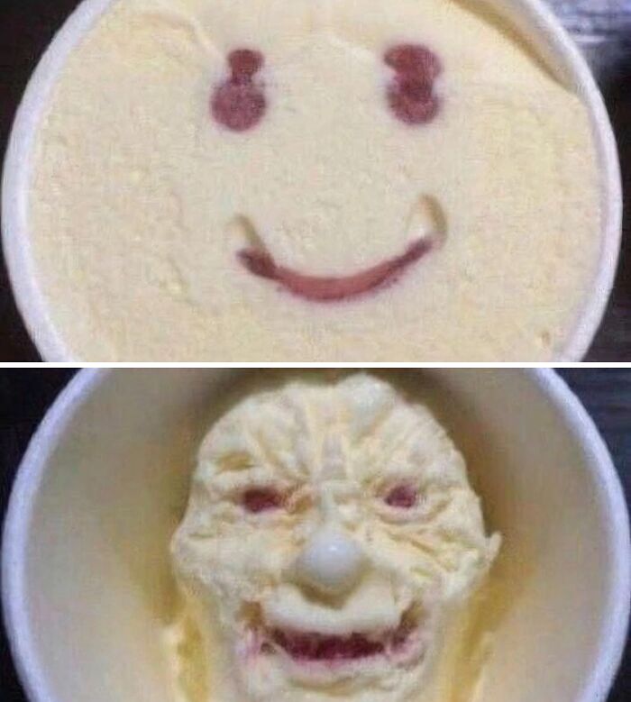 Cursed image featuring a smiling face and a melting grimace in ice cream, shared by a popular IG page with 200K followers.