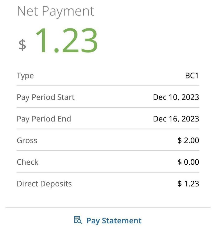 Net payment statement showing $1.23 after a gross of $2.00, illustrating a bad day financial accident.