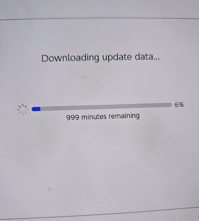 Downloading update data screen with 999 minutes remaining, illustrating a Christmas bad day accident.