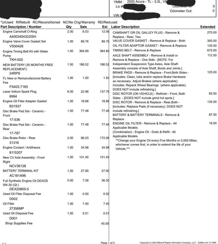 Car repair invoice detailing parts and labor costs including timing belt and brake pad replacement after a Christmas accident.