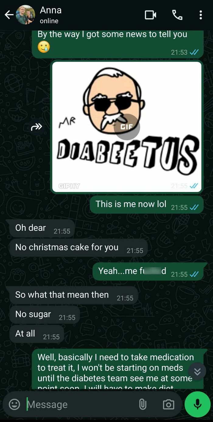 Chat conversation about a diabetes diagnosis affecting Christmas plans, featuring a humorous GIF.