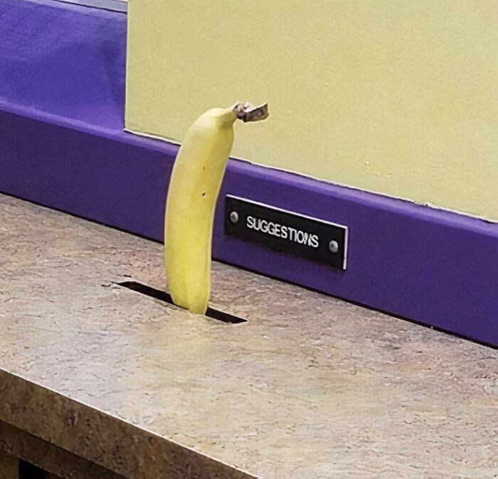 Cursed image of a banana inserted into a suggestion box on a countertop.