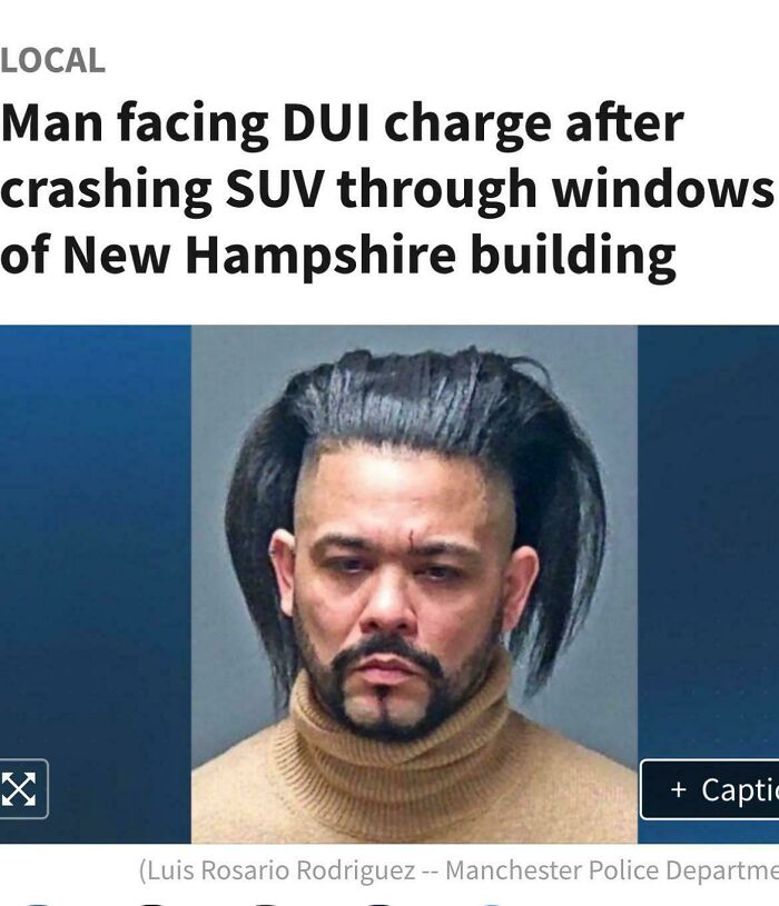 Man with unusual hairstyle after an accident facing DUI charge in New Hampshire.