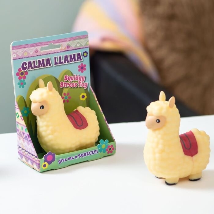 Llama-shaped stress toy in packaging, a fun gift option available with Amazon Prime before Christmas.