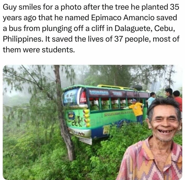 Smiling man stands near a bus saved by a tree he planted 35 years ago, showcasing wholesome kindness.