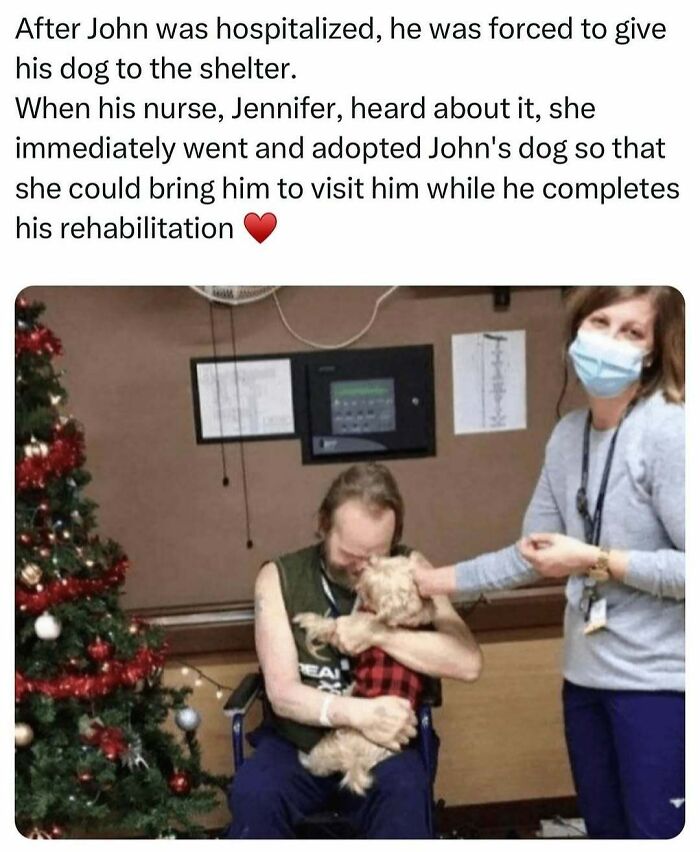 Nurse brings patient's dog to visit during rehabilitation, showcasing wholesome kindness.