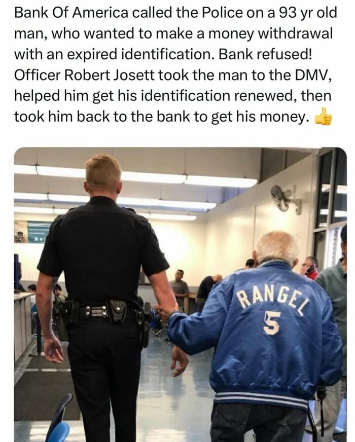 Police officer helping elderly man at a bank, illustrating wholesome kindness.